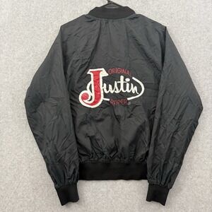 VTG Justin Jacket Men's XL Black Satin Style Bomber Logo Back Print Western USA